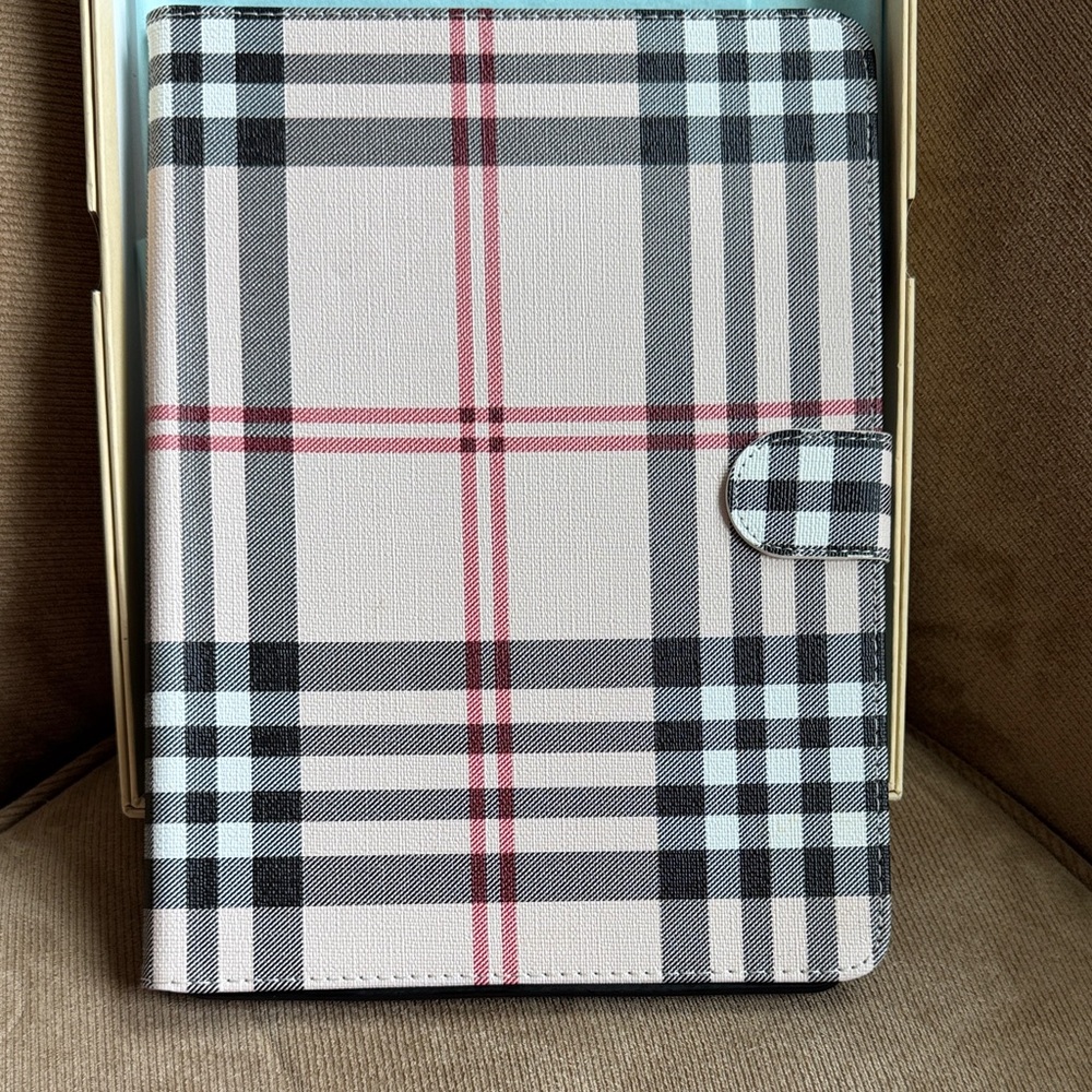 Plaid Tablet Folio Case with Magnetic Closure - White, Black & Red